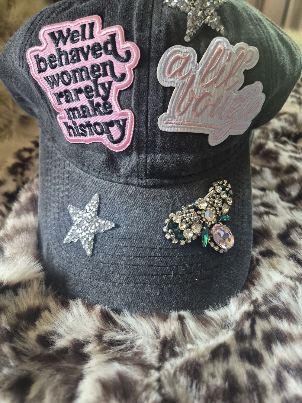 Embellished Dark Gray Women's Baseball Cap with Pink Patches